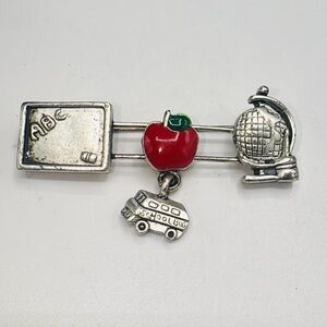 Silver tone School Themed slide Brooch with Red Apple
